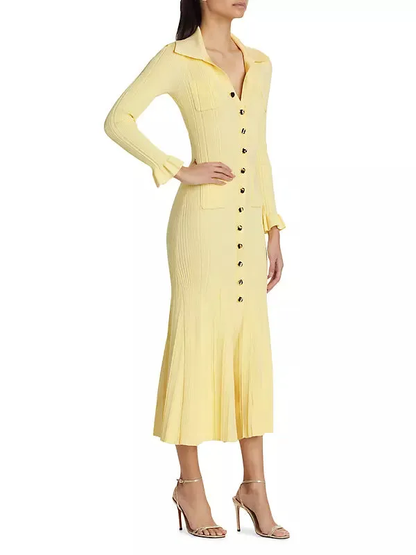 Rib-Knit Fluted Midi Shirt dress in yellow Gloria Lanvin