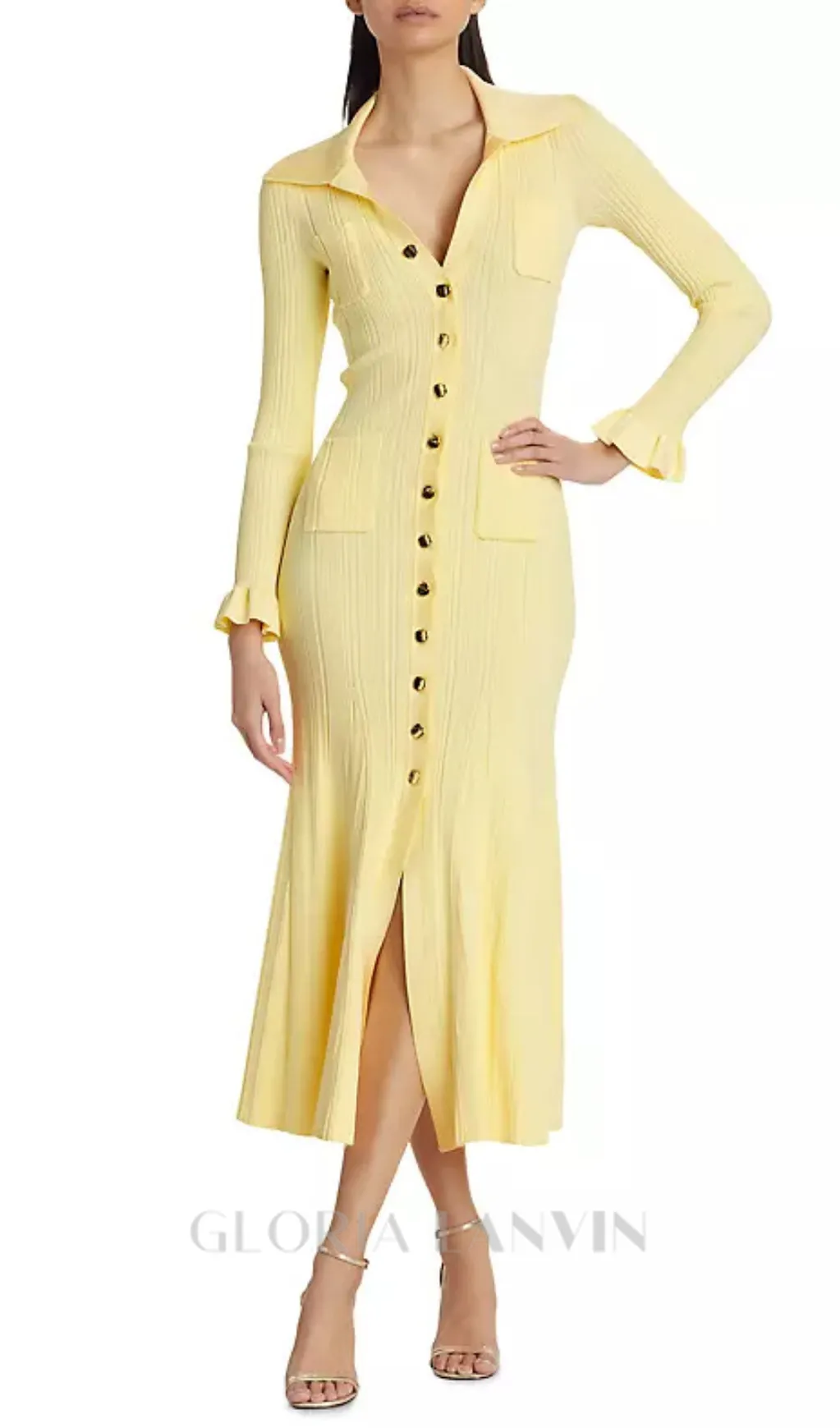 Rib-Knit Fluted Midi Shirt dress in yellow Gloria Lanvin