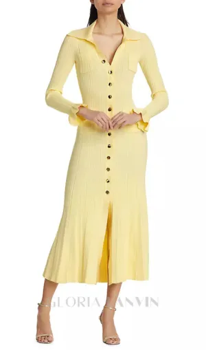 Rib-Knit Fluted Midi Shirt dress in yellow Gloria Lanvin