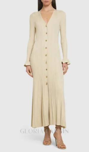 Ribbed viscose lam midi dress in beige Gloria Lanvin