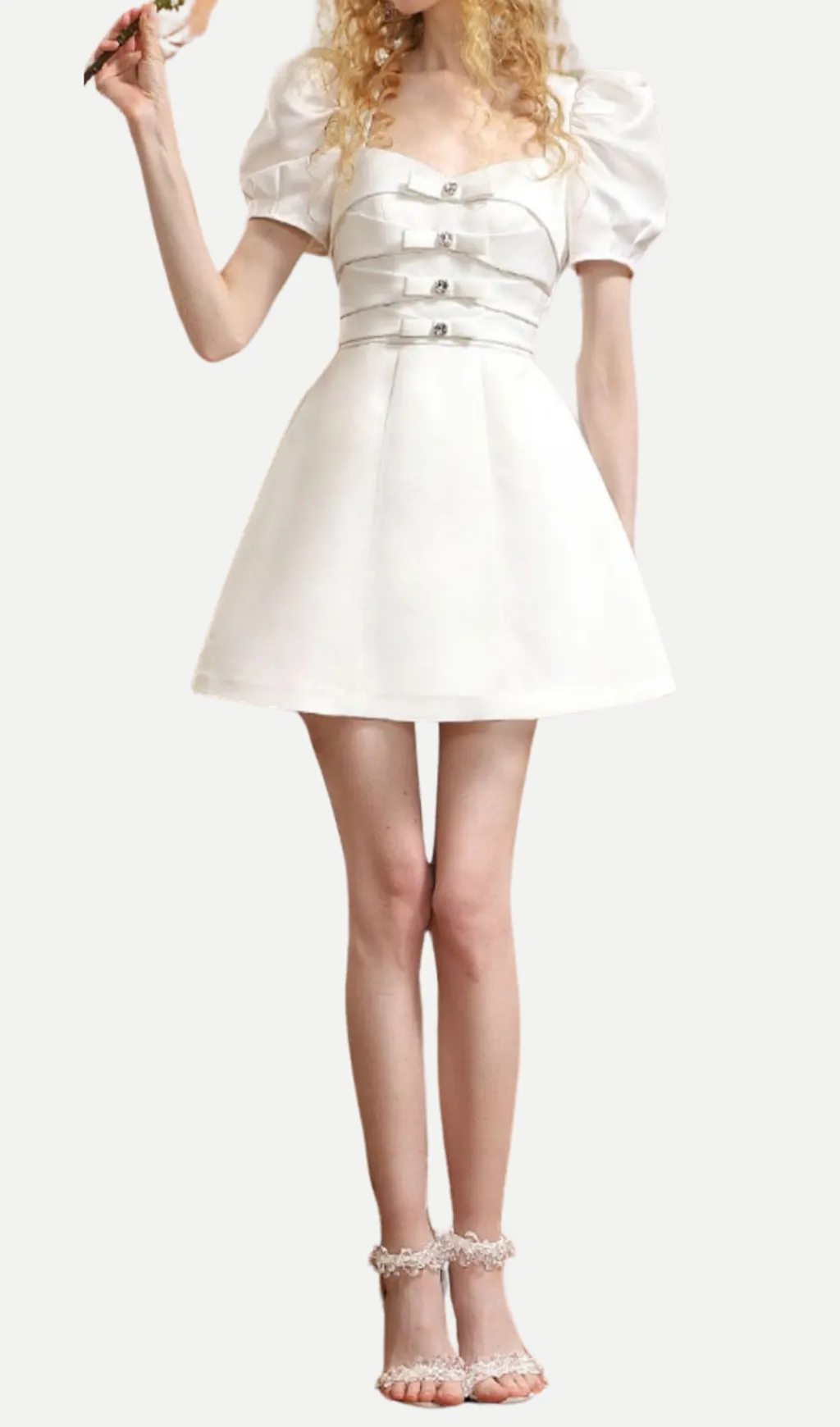 Ribbon Puff-sleeve Princess A-line Derss in white Gloria Lanvin
