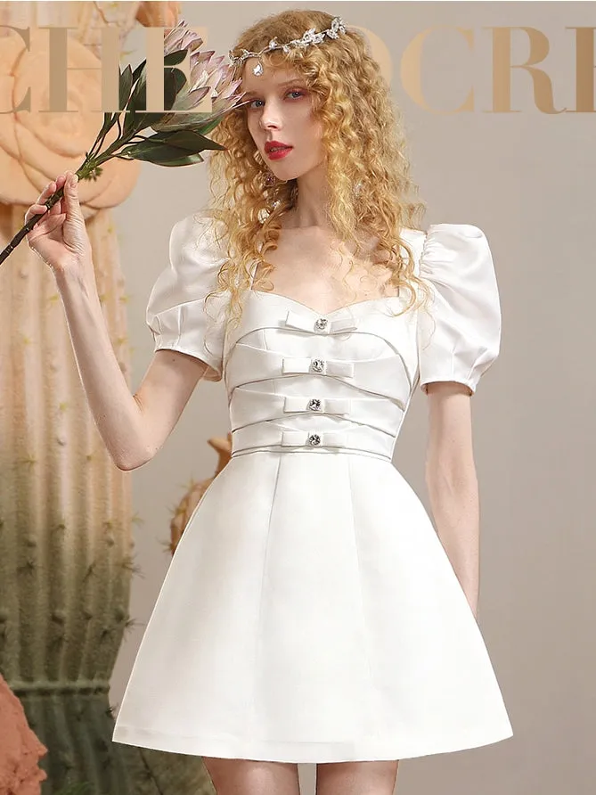 Ribbon Puff-sleeve Princess A-line Derss in white Gloria Lanvin