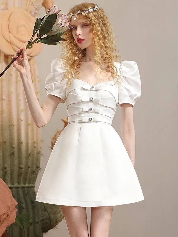 Ribbon Puff-sleeve Princess A-line Derss in white Gloria Lanvin
