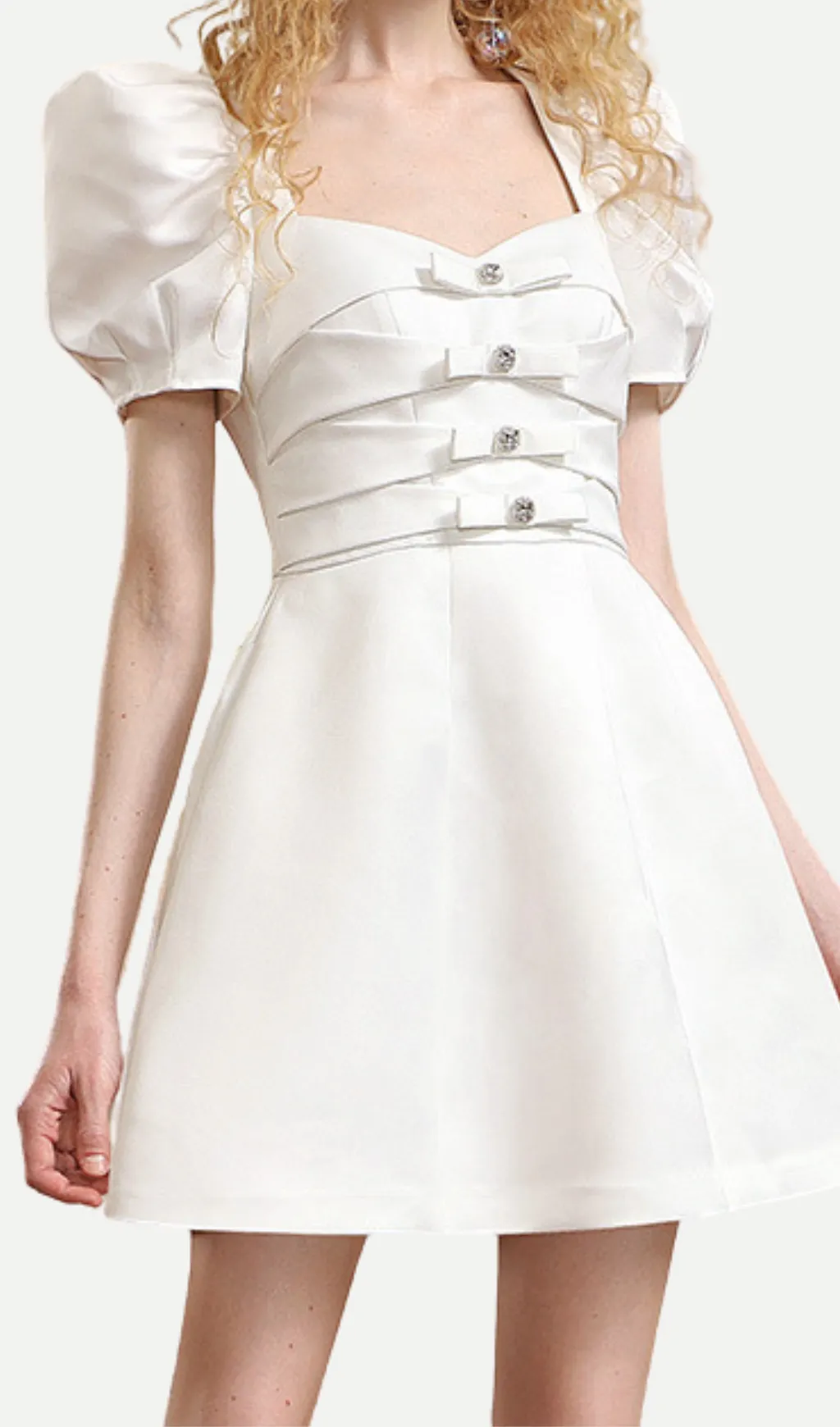 Ribbon Puff-sleeve Princess A-line Derss in white Gloria Lanvin