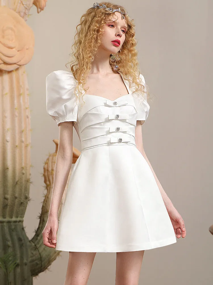 Ribbon Puff-sleeve Princess A-line Derss in white Gloria Lanvin