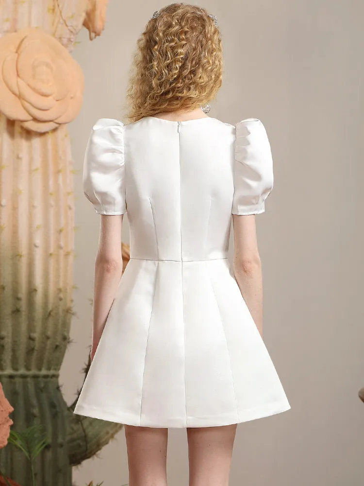 Ribbon Puff-sleeve Princess A-line Derss in white Gloria Lanvin