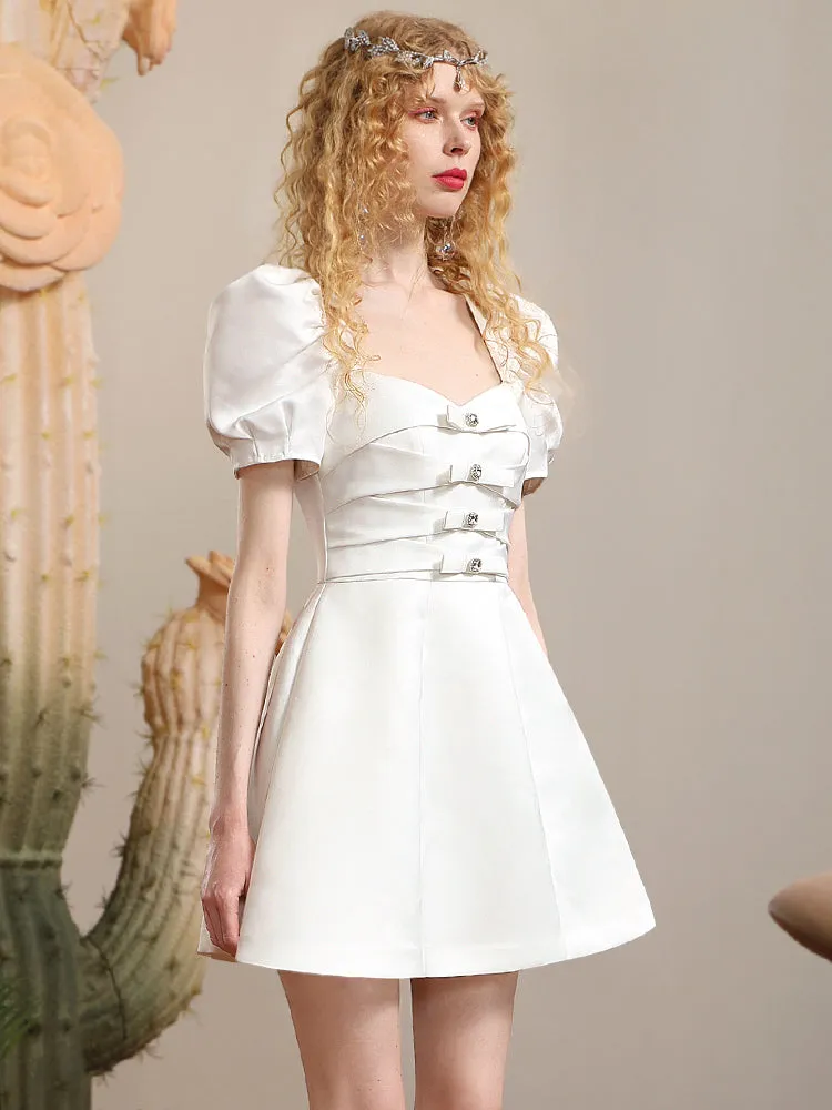 Ribbon Puff-sleeve Princess A-line Derss in white Gloria Lanvin