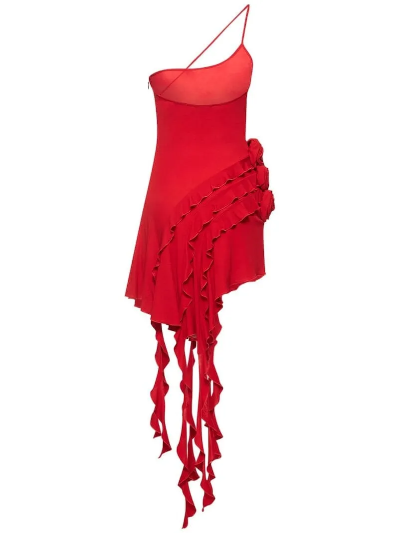 ROSE-DETAIL RUFFLED MINI DRESS IN RED Gloria Lanvin