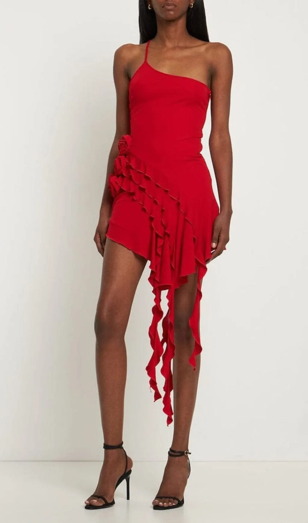 ROSE-DETAIL RUFFLED MINI DRESS IN RED Gloria Lanvin