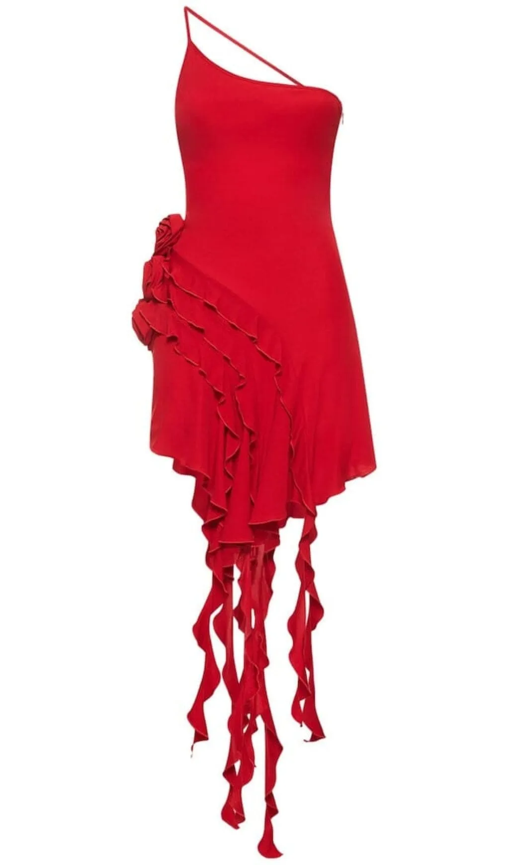 ROSE-DETAIL RUFFLED MINI DRESS IN RED Gloria Lanvin