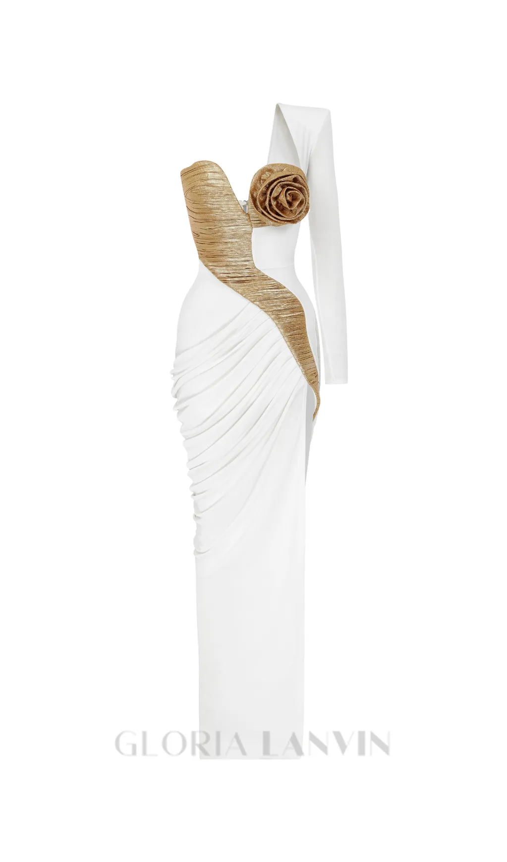 Rose Details High Sut Maxi Dress in gold white Gloria Lanvin