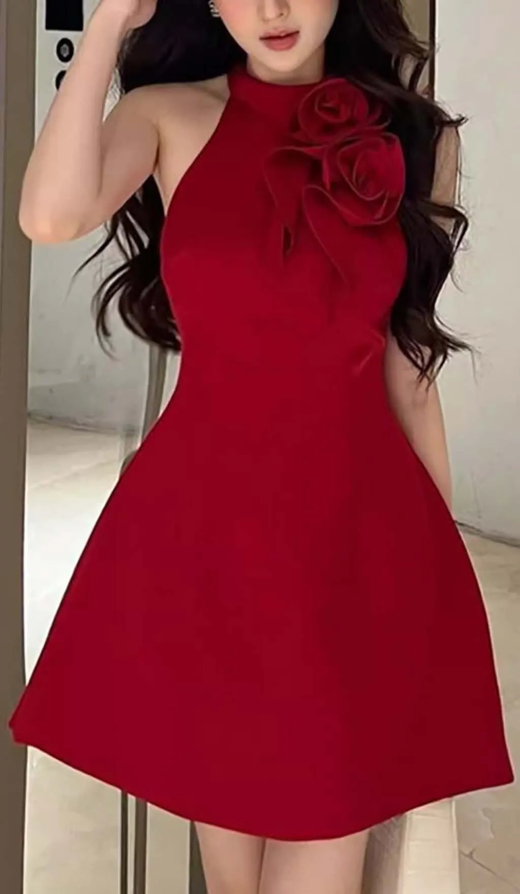 ROSE EMBELLISHED SATIN MINI DRESS IN RED Gloria Lanvin
