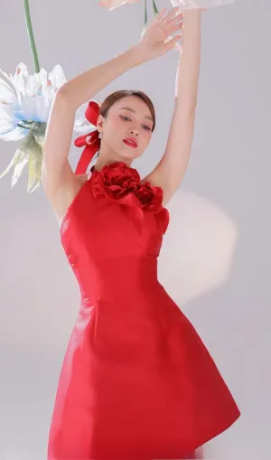 ROSE EMBELLISHED SATIN MINI DRESS IN RED Gloria Lanvin