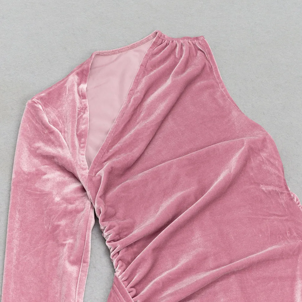 ROSE PINK SINGLE LONG SLEEVE RUCHED SIDE DETAIL MAXI DRESS Gloria Lanvin