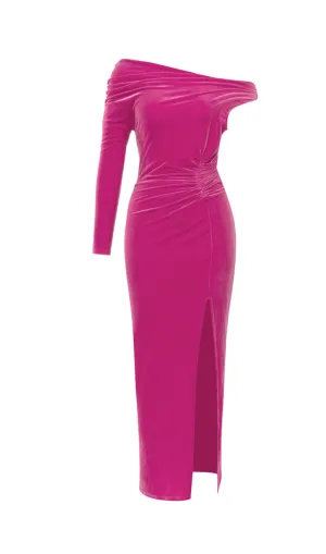 ROSE RED ONE-SHOULDER LONG-SLEEVED SLIT MAXI DRESS Gloria Lanvin