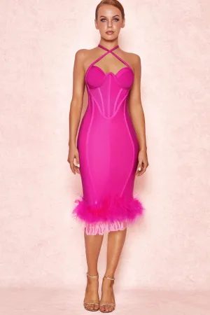 ROSE RED OSTRICH FEATHER HALTER NECK BACKLESS TIGHT DRESS Gloria Lanvin