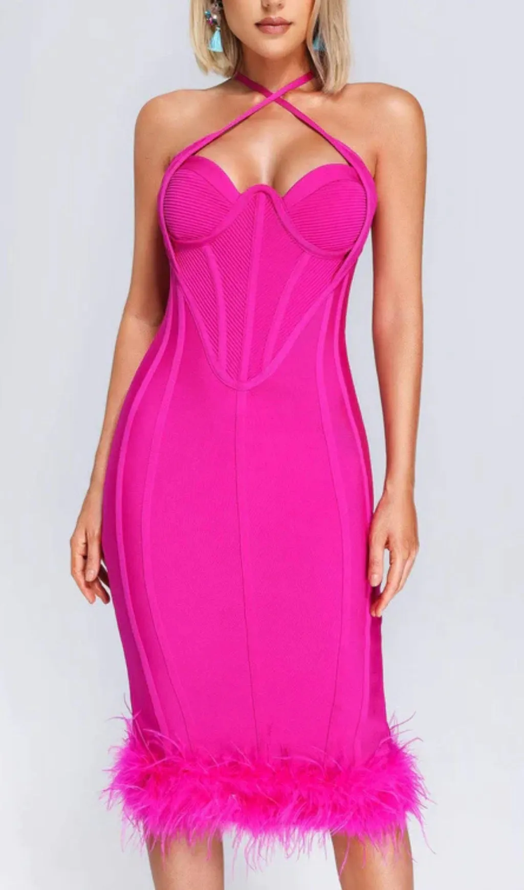ROSE RED OSTRICH FEATHER HALTER NECK BACKLESS TIGHT DRESS Gloria Lanvin