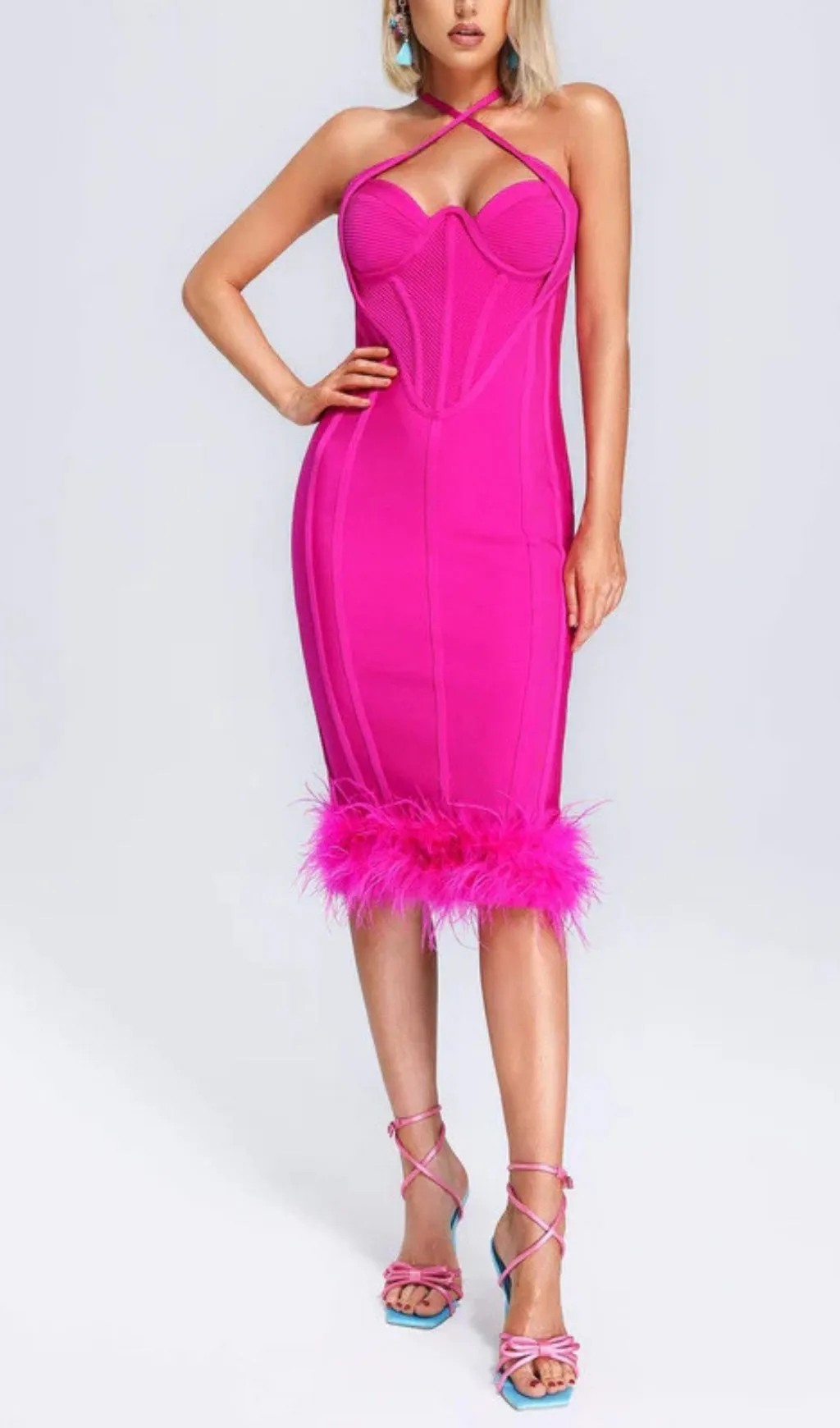ROSE RED OSTRICH FEATHER HALTER NECK BACKLESS TIGHT DRESS Gloria Lanvin