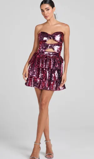ROSE RED SEQUINS CUT OUT RUFFLED MINI DRESS Gloria Lanvin