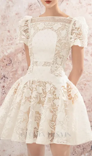 rose sleeve lace hollow mini dress in white Gloria Lanvin