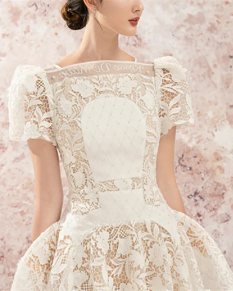rose sleeve lace hollow mini dress in white Gloria Lanvin
