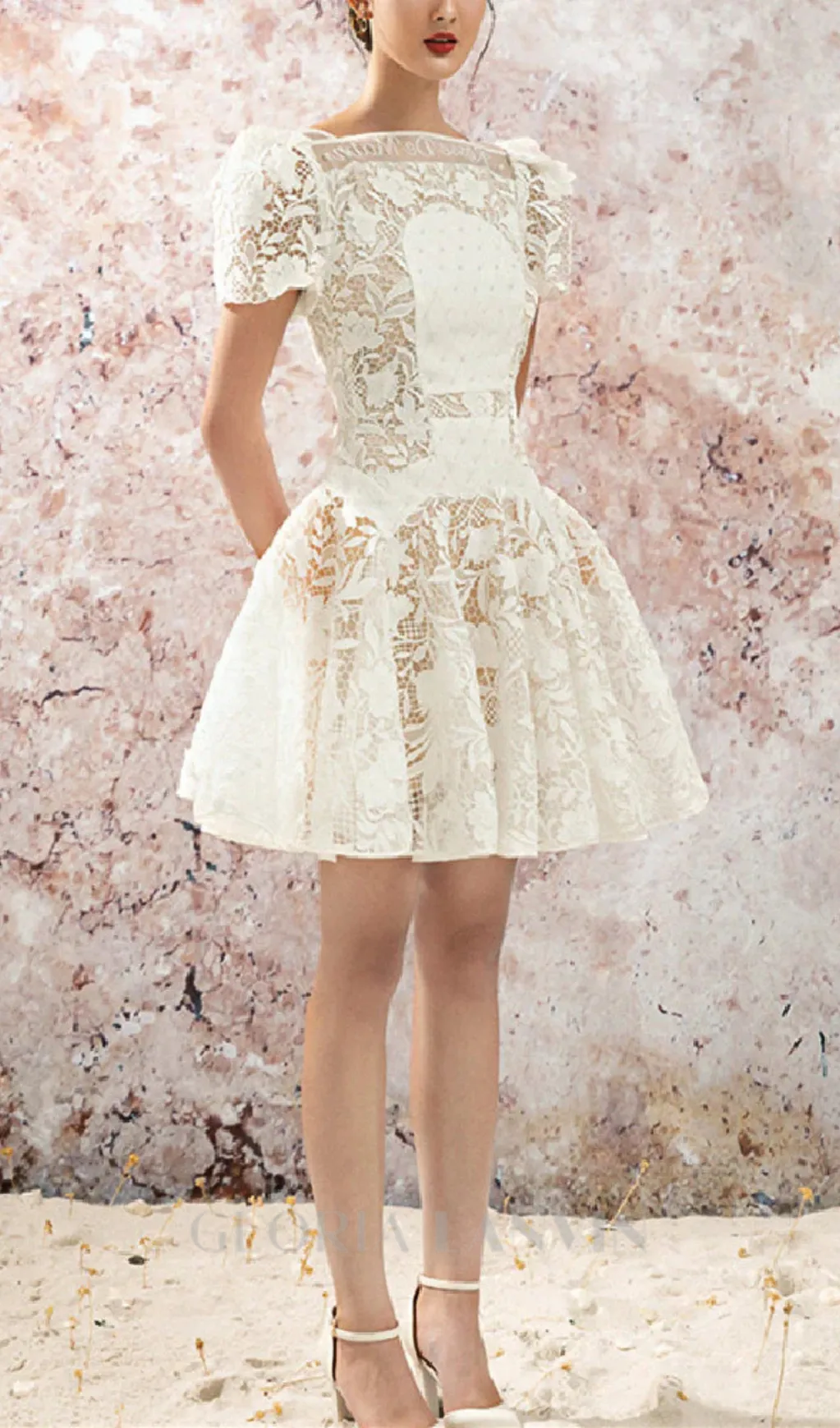 rose sleeve lace hollow mini dress in white Gloria Lanvin