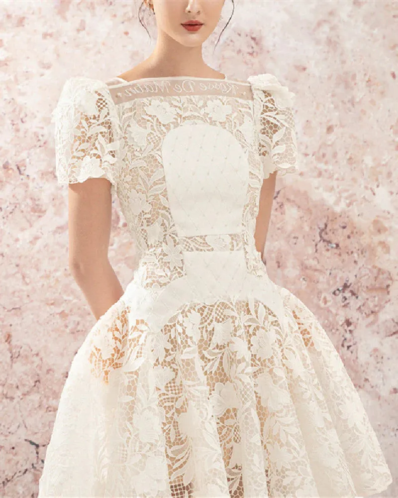rose sleeve lace hollow mini dress in white Gloria Lanvin
