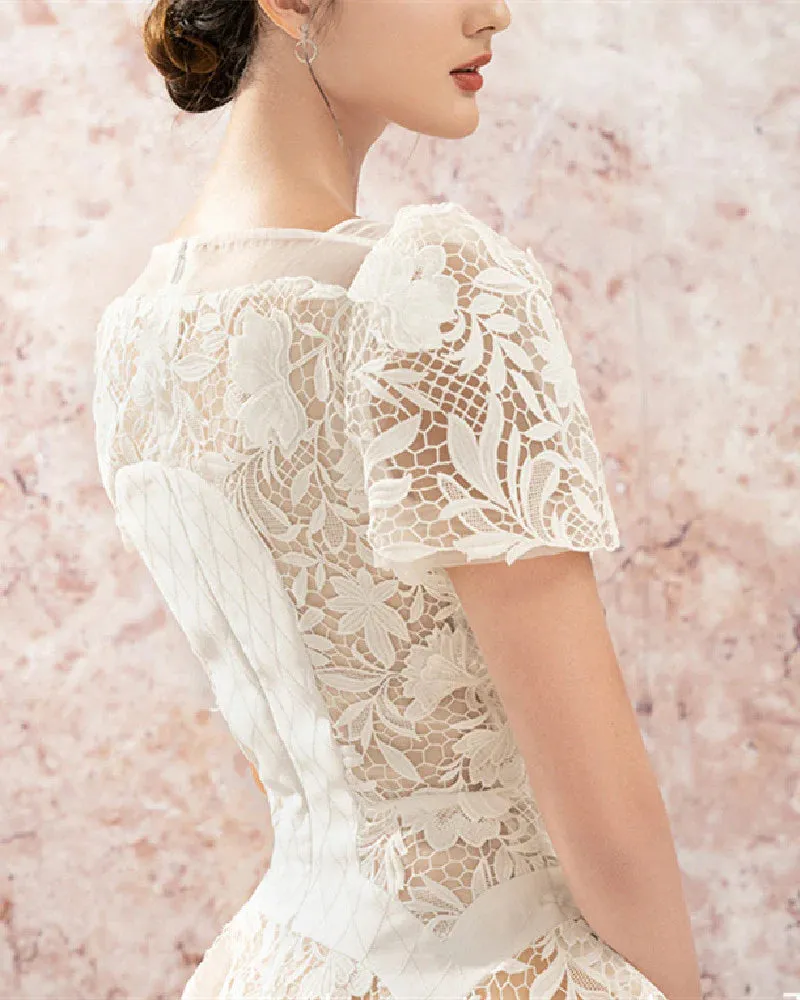 rose sleeve lace hollow mini dress in white Gloria Lanvin