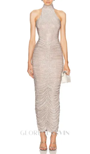 ruched sequin bodycon maxi dress in apricot Gloria Lanvin