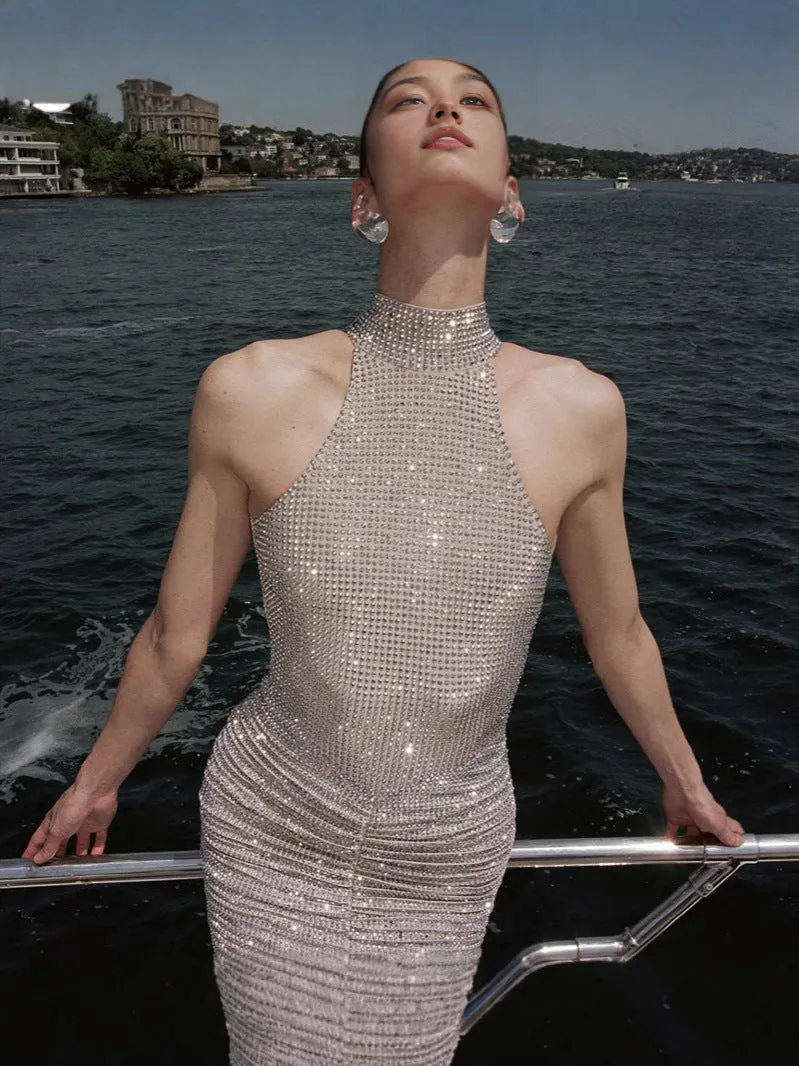 ruched sequin bodycon maxi dress in apricot Gloria Lanvin