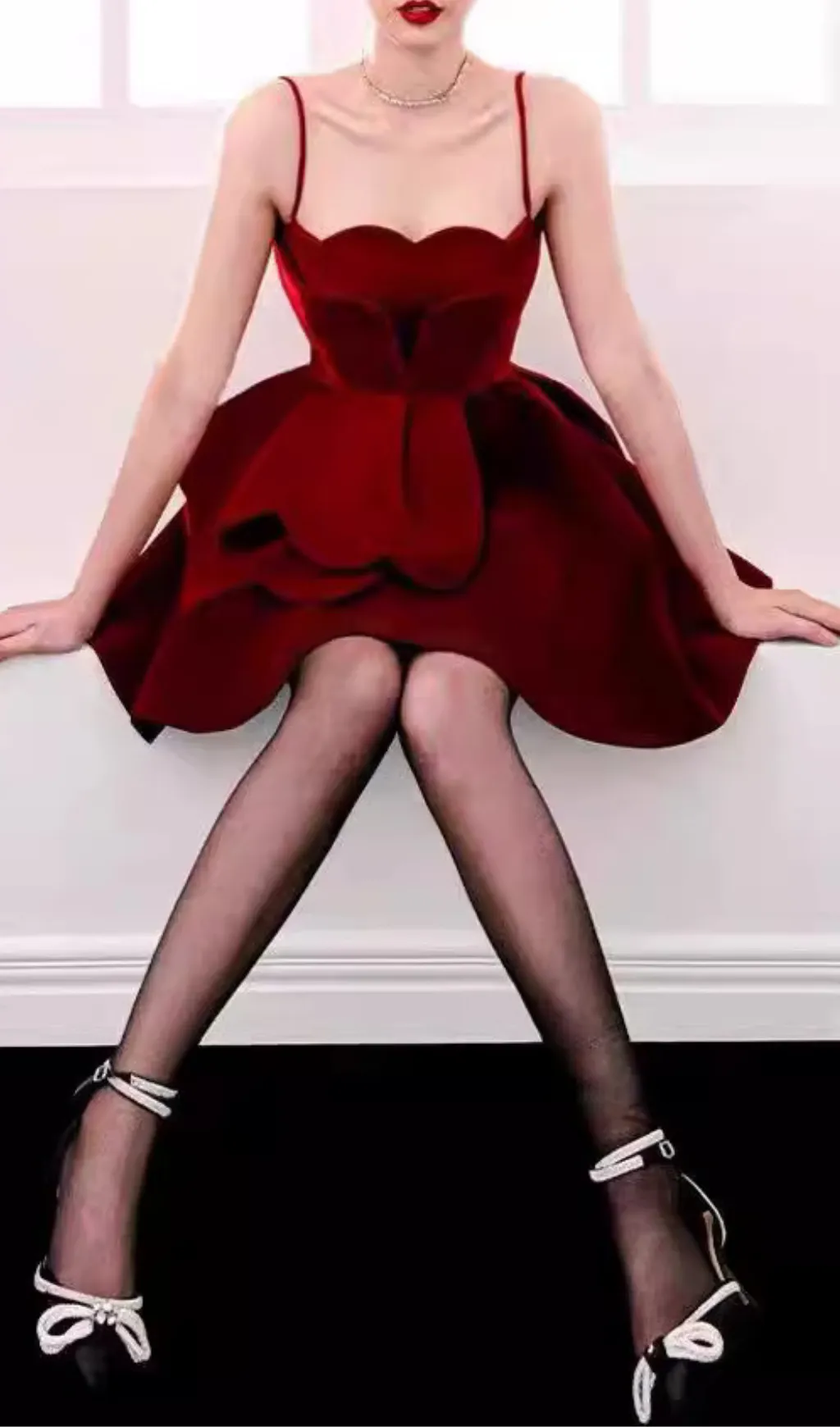 RUCHED TRIM VELVET MINI DRESS IN RUBY RED Gloria Lanvin