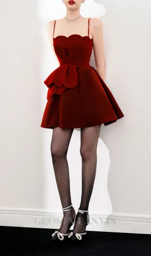 RUCHED TRIM VELVET MINI DRESS IN RUBY RED Gloria Lanvin