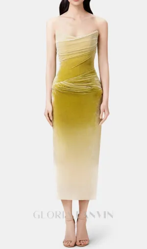 ruched velvet strapless midi dress in green gradient Gloria Lanvin