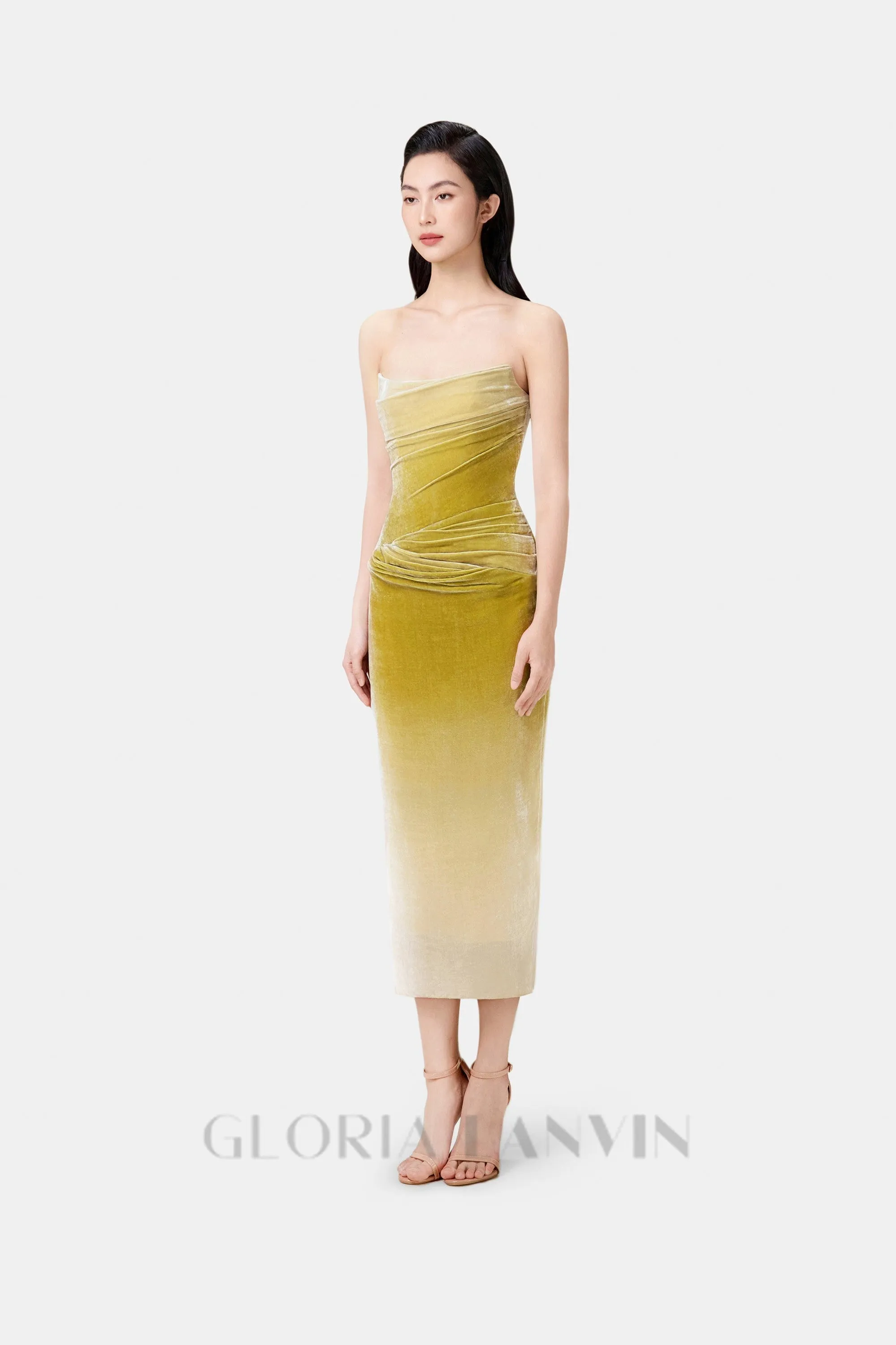 ruched velvet strapless midi dress in green gradient Gloria Lanvin