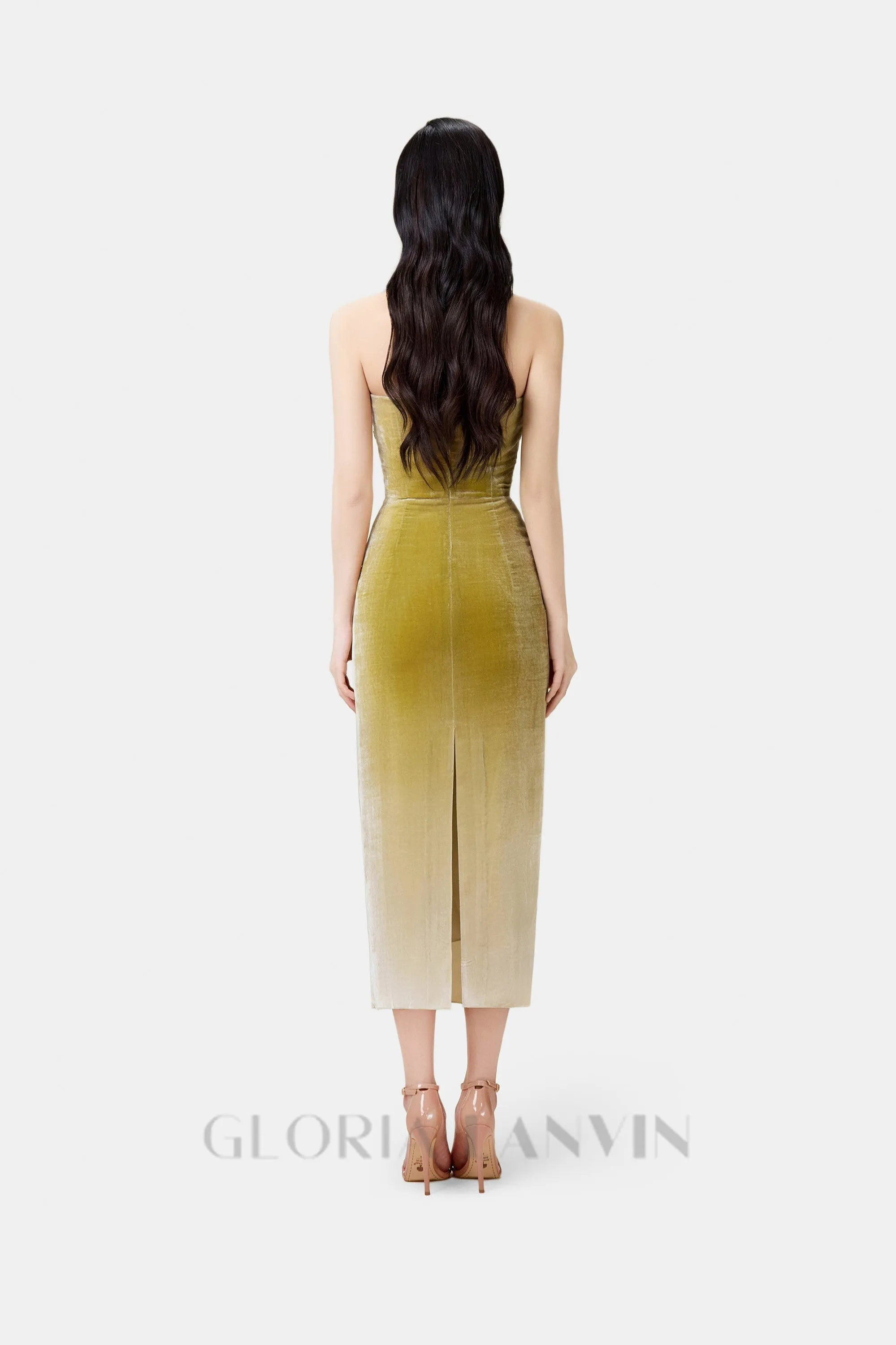 ruched velvet strapless midi dress in green gradient Gloria Lanvin
