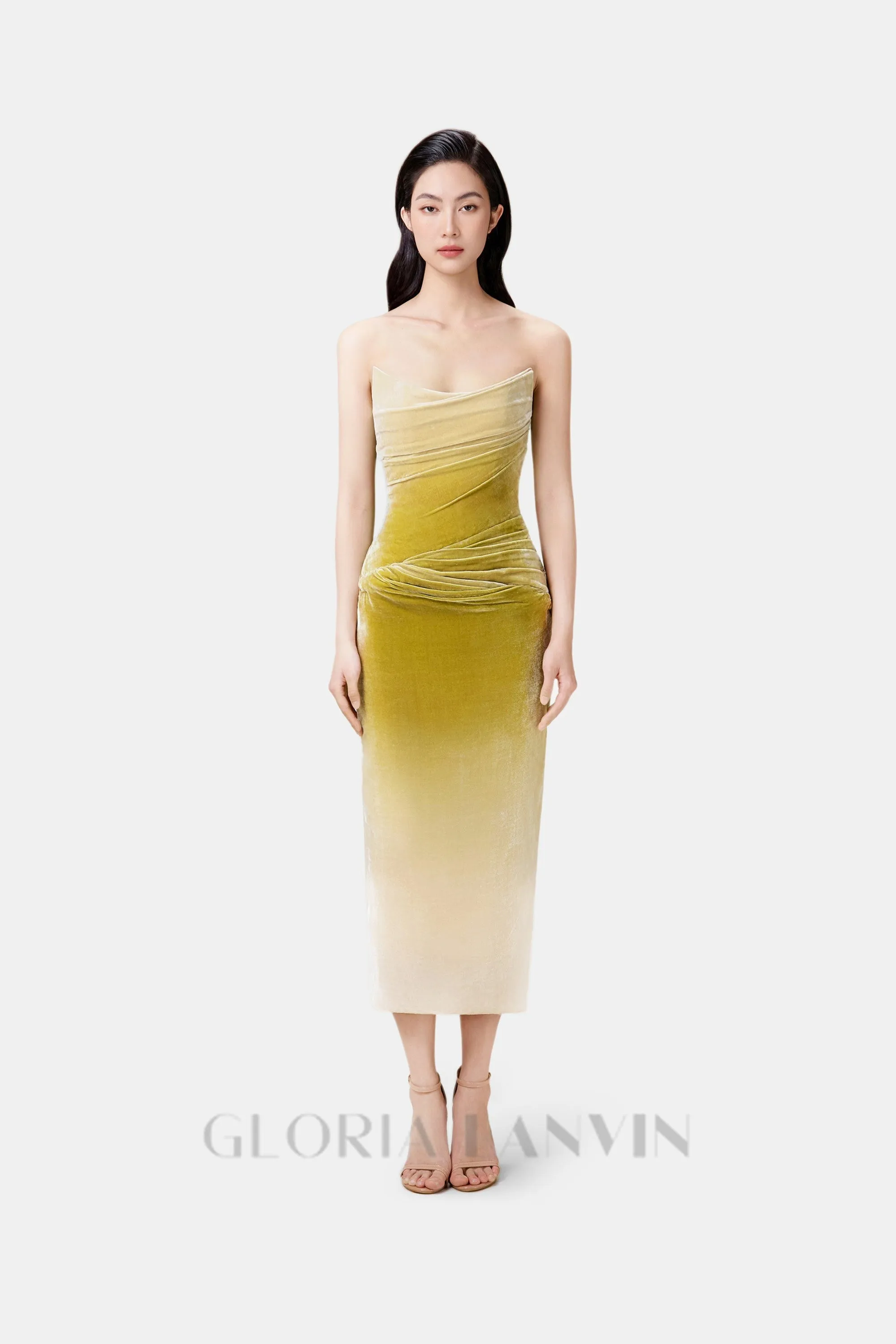ruched velvet strapless midi dress in green gradient Gloria Lanvin