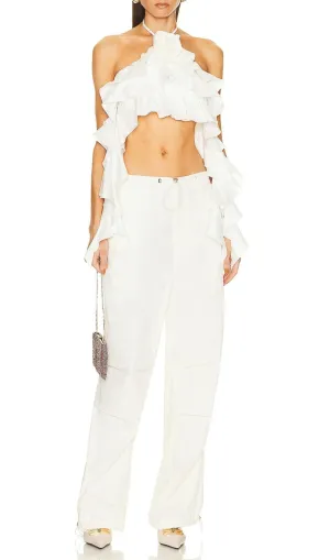 RUFFLE-DETAIL HALTER CROP TOP IN WHITE Gloria Lanvin