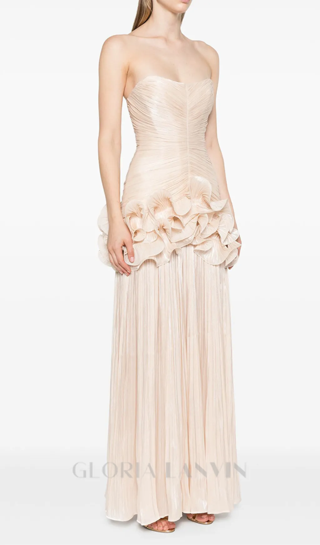 ruffle-embellished pleated maxi dress in apricot Gloria Lanvin