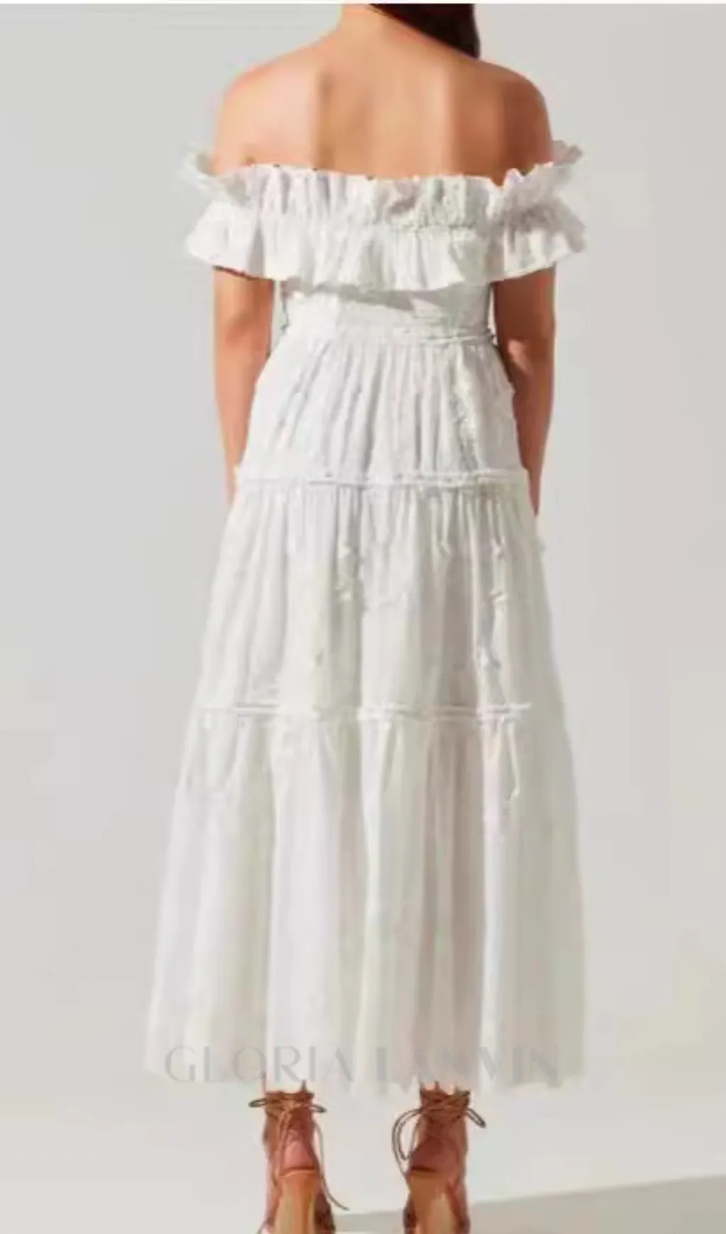RUFFLE NECKLINE HIGH SPLIT MIDI DRESS IN WHITE Gloria Lanvin