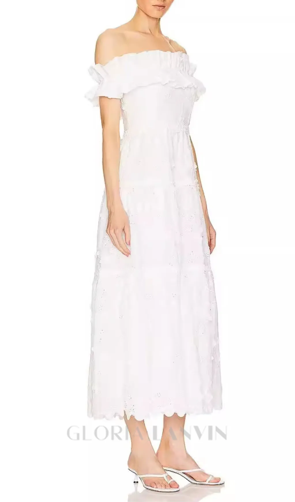 RUFFLE NECKLINE HIGH SPLIT MIDI DRESS IN WHITE Gloria Lanvin