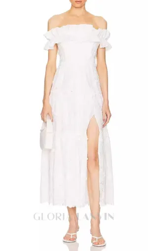 RUFFLE NECKLINE HIGH SPLIT MIDI DRESS IN WHITE Gloria Lanvin