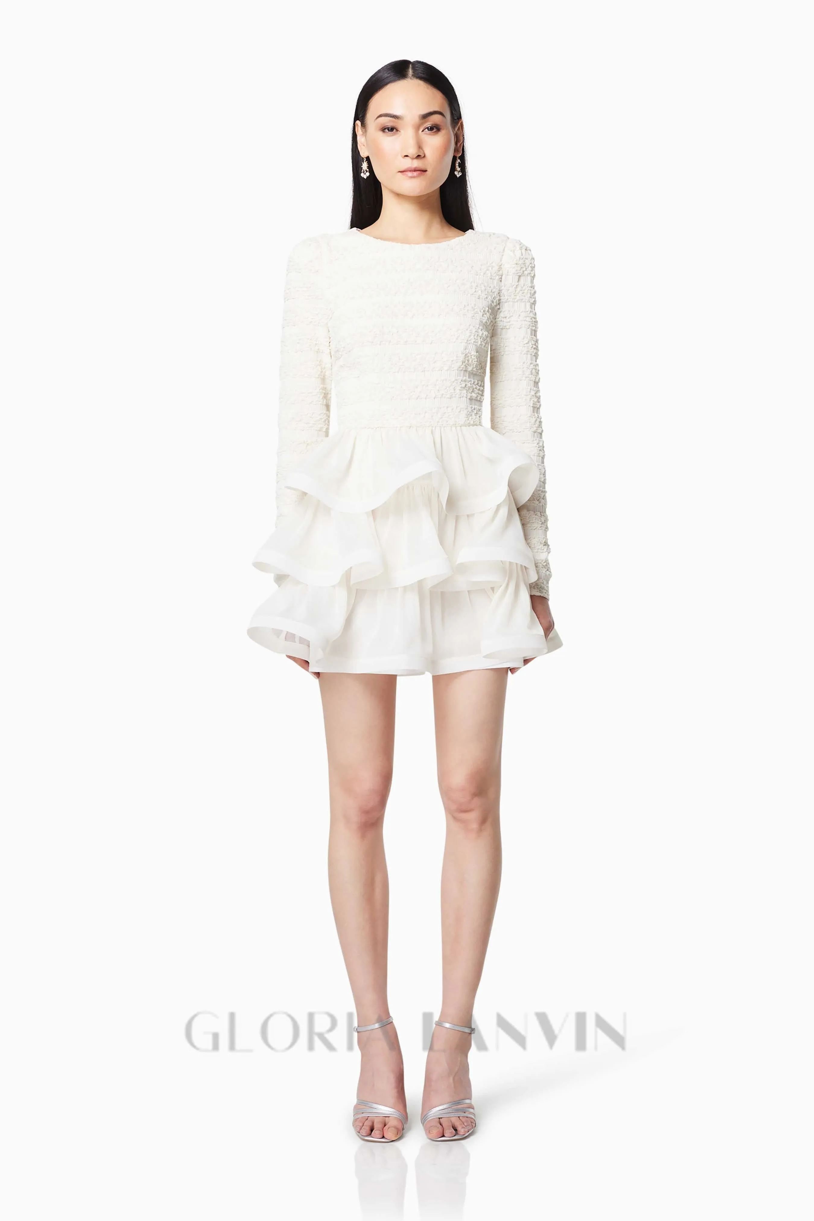 Ruffle trim Long Sleeved Mini Dress in white Gloria Lanvin