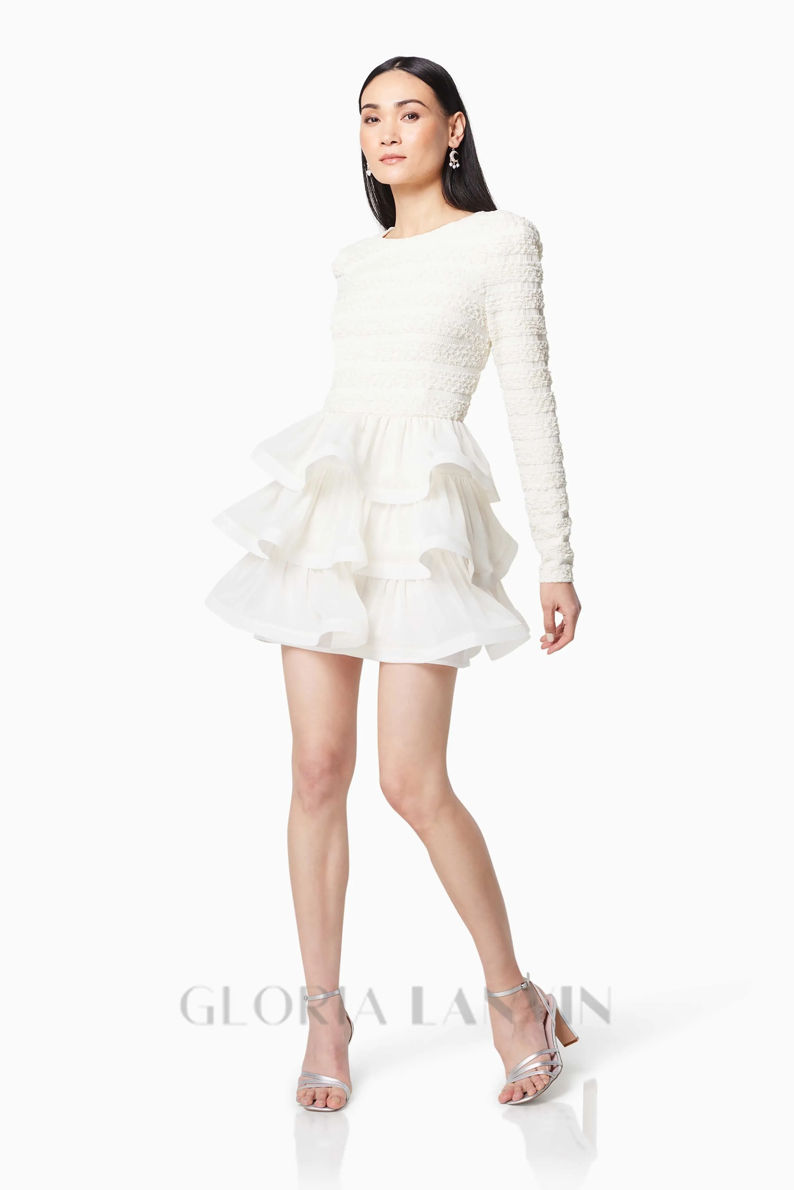 Ruffle trim Long Sleeved Mini Dress in white Gloria Lanvin