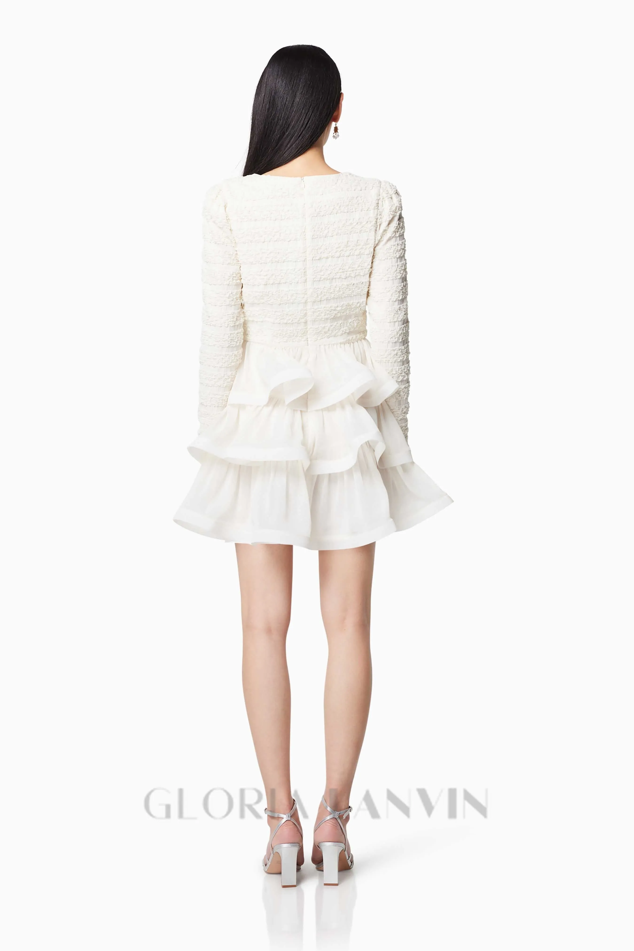 Ruffle trim Long Sleeved Mini Dress in white Gloria Lanvin