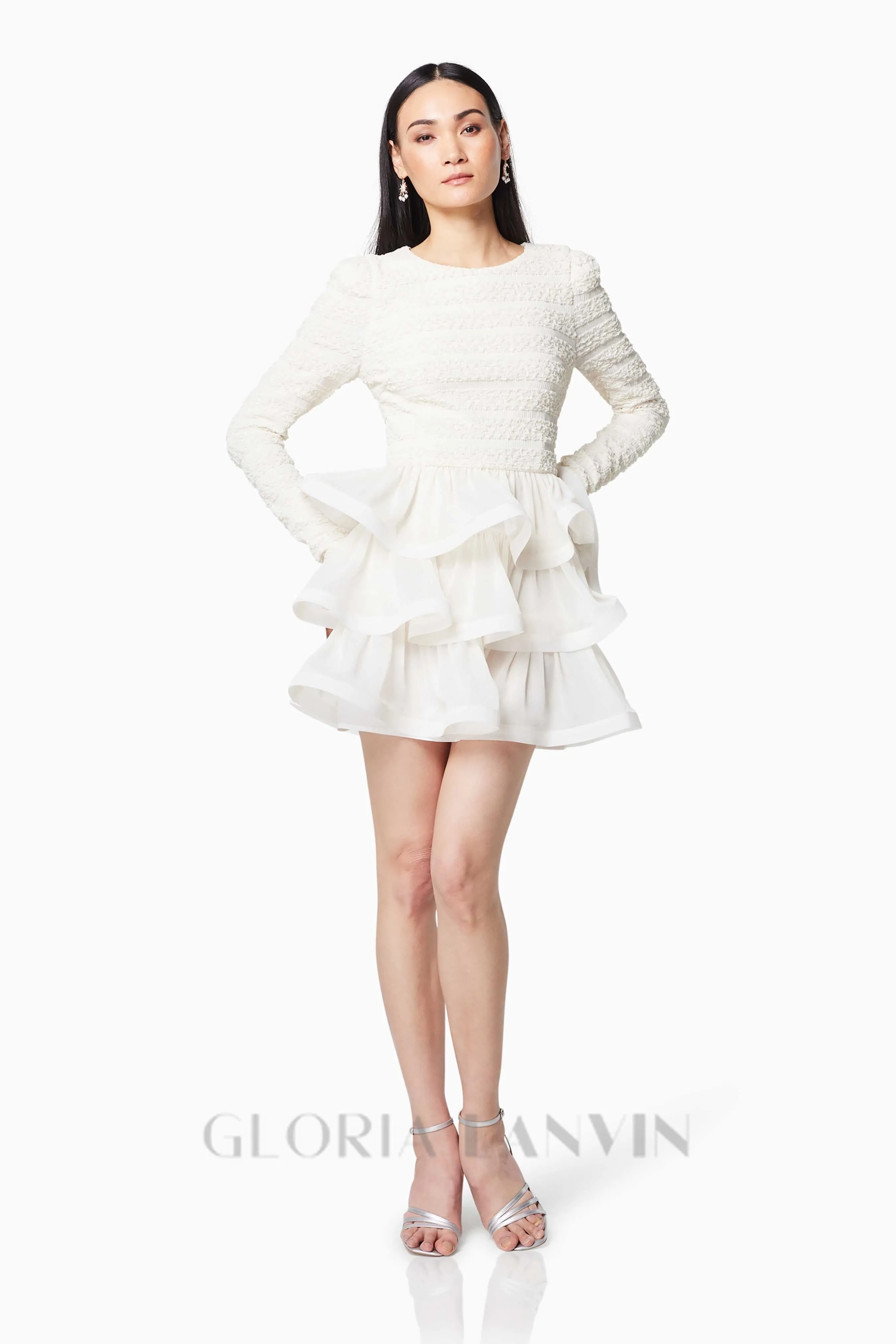 Ruffle trim Long Sleeved Mini Dress in white Gloria Lanvin