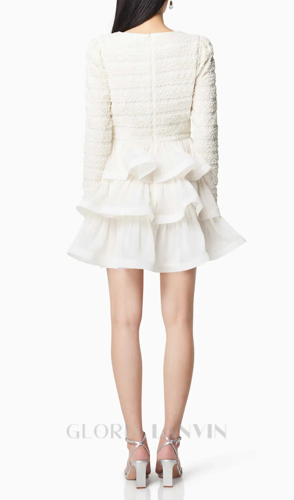 Ruffle trim Long Sleeved Mini Dress in white Gloria Lanvin
