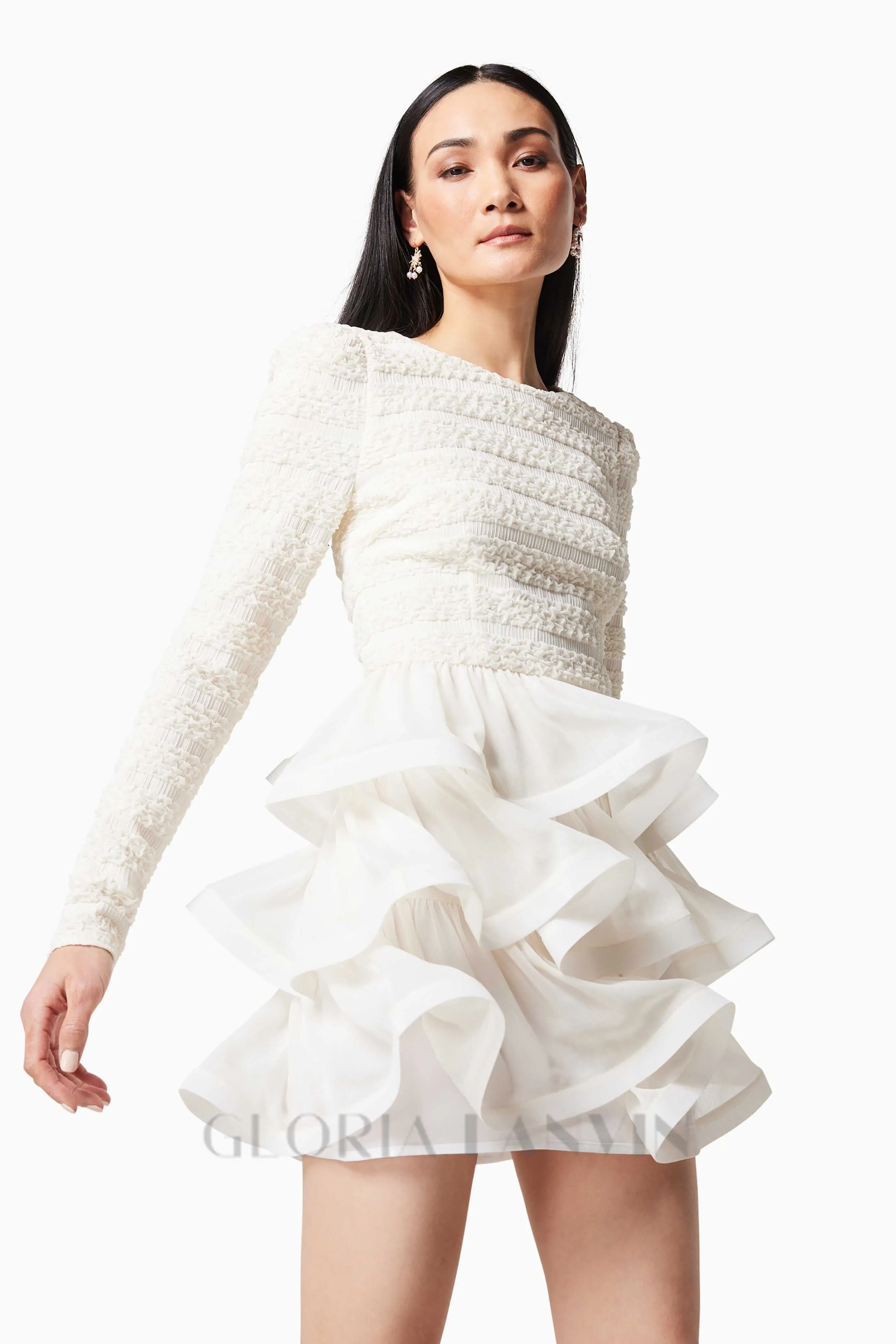 Ruffle trim Long Sleeved Mini Dress in white Gloria Lanvin
