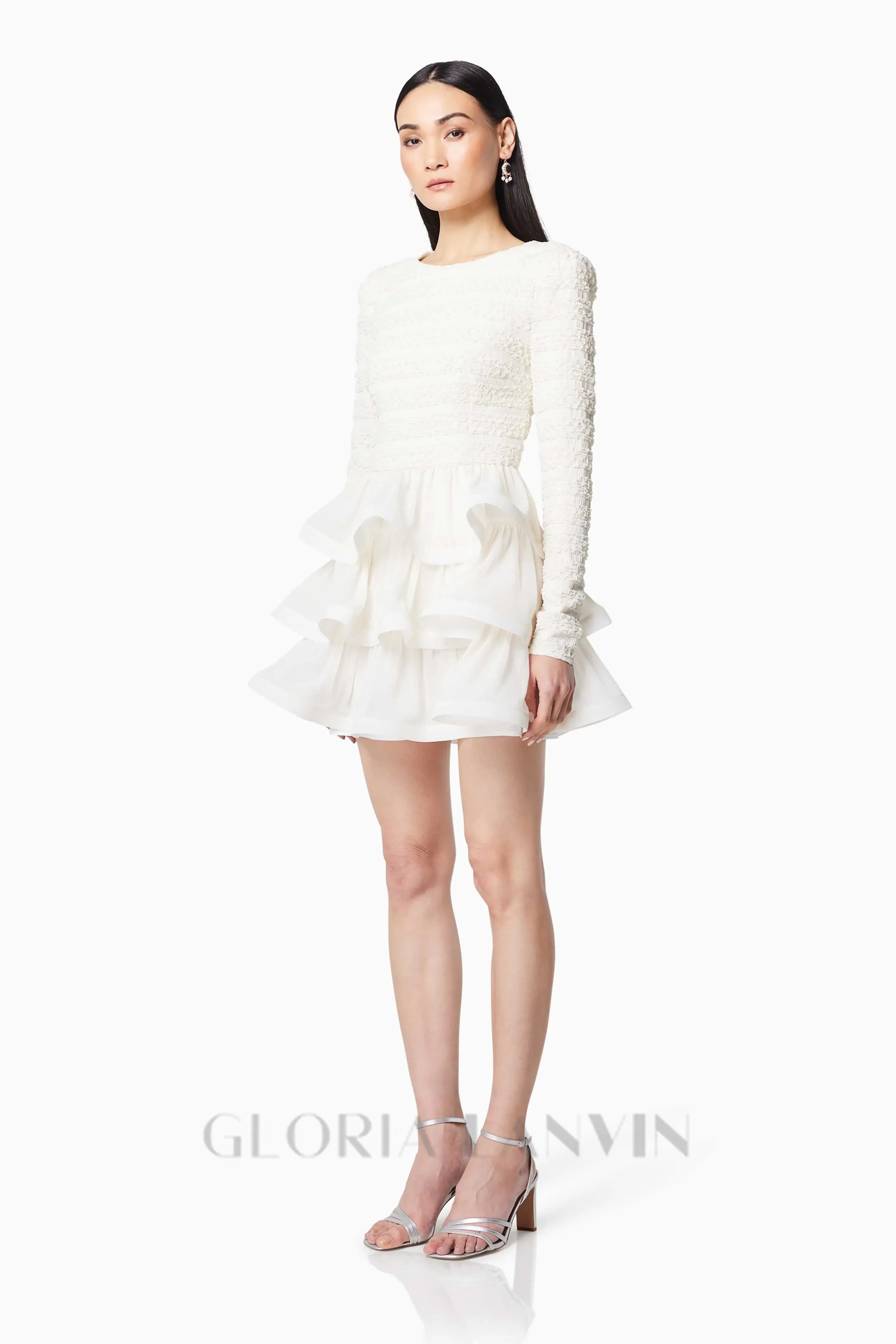 Ruffle trim Long Sleeved Mini Dress in white Gloria Lanvin