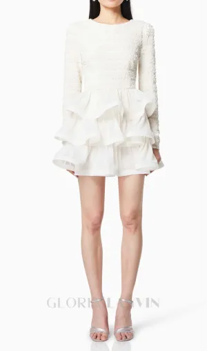 Ruffle trim Long Sleeved Mini Dress in white Gloria Lanvin