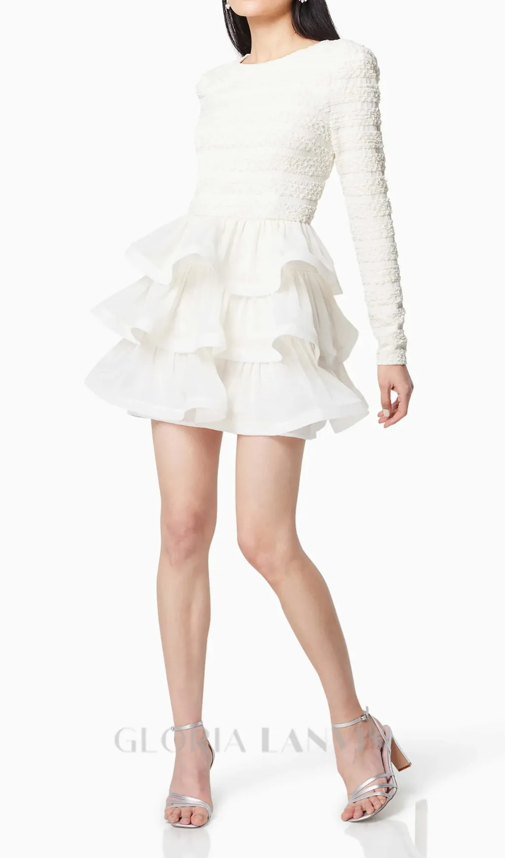 Ruffle trim Long Sleeved Mini Dress in white Gloria Lanvin